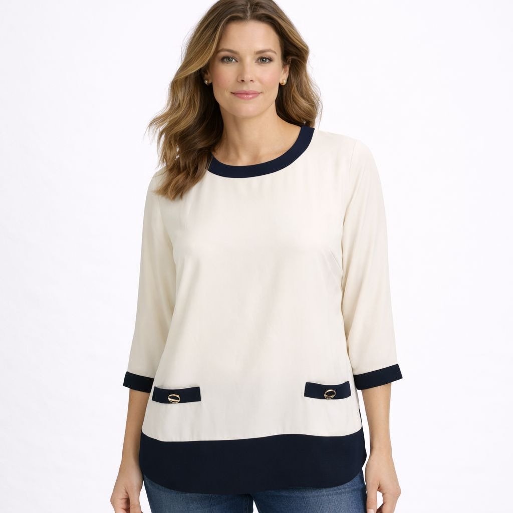 New Talbots Womens Career Top White Navy Blue Trim Button Plus Size X | 12-14